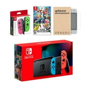 Nintendo Switch Red/Blue Joy-Con Console Bundle with an Extra Pair of Neon Pink/Green Joy-Con, Super Smash Bros. Ultimate, and Mytrix Tempered Glass Screen Protector