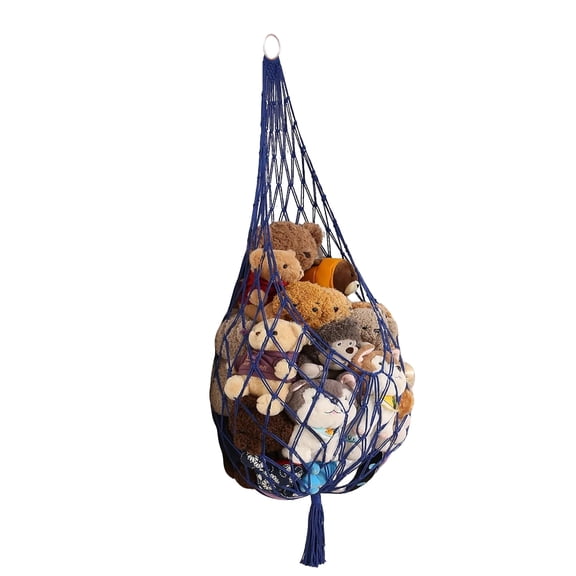 Wall/ceiling style plush toy storage net, children's room storage items, rope woven display rack with hooks and clips (blue)
