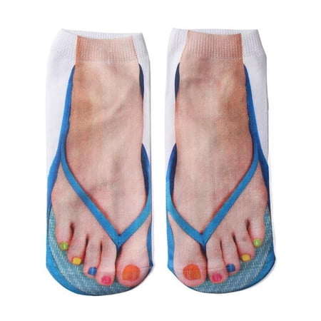 Casual Unisex Comfortable Adult Soft 3D Print Ankle Socks Novelty Socks Flip Flops Design Socks Low Cut Ankle Sock BLUE