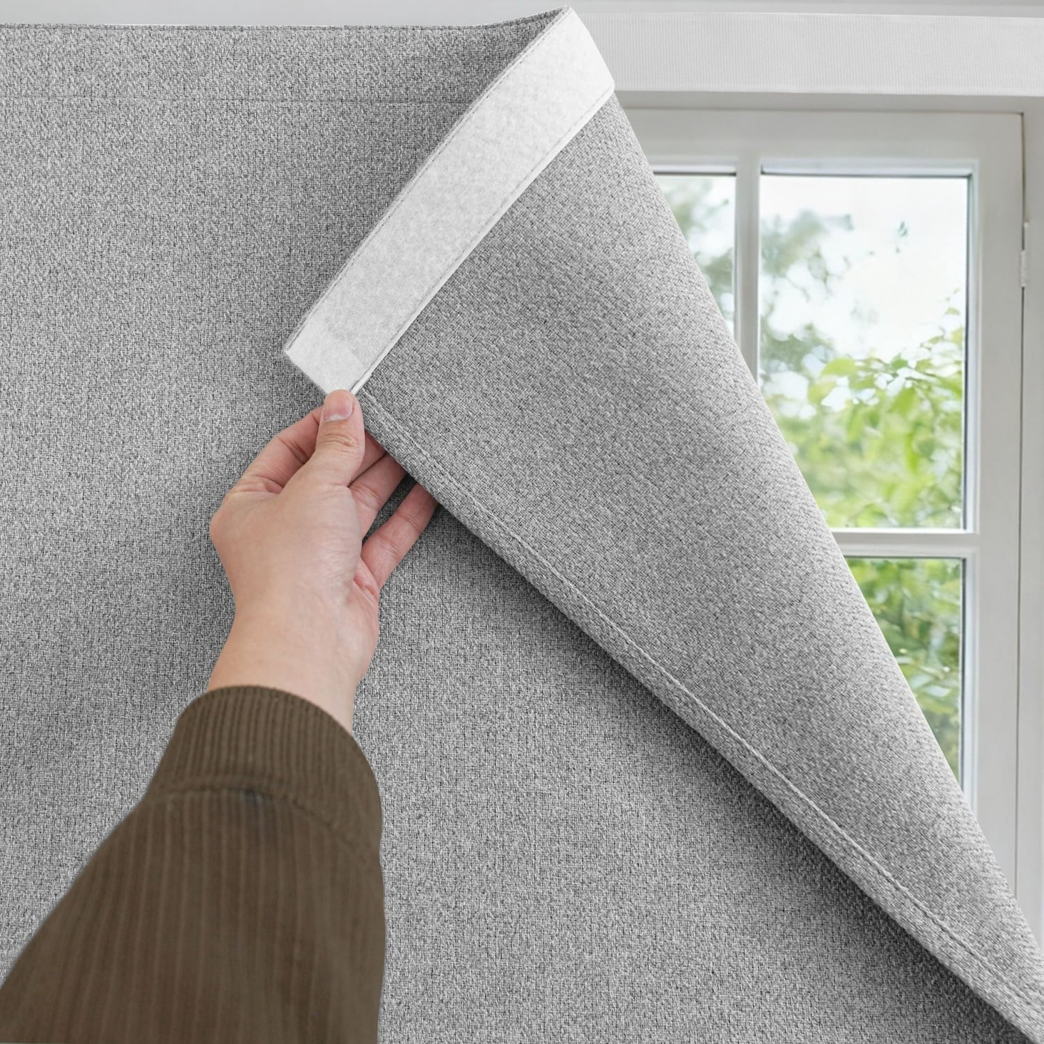 No Drill No Rod Blackout Curtains with Hook and Loop, Thermal Insulated Noise Reducing Privacy Window Drapes for Bedroom & Living Room