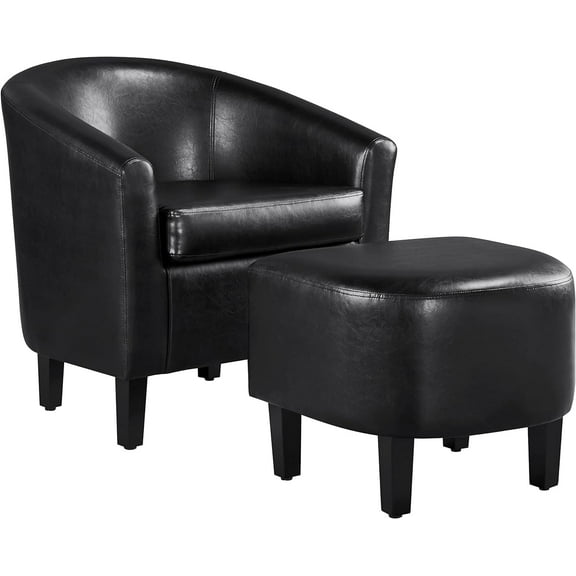 CF  Accent Chair with Ottoman Set, Modern Faux Leather Upholstered Soft Barrel Chair and Footrest, Club Armchair and Footstool for Living Room/Bedroom/Reading Room/Guest Room, Black