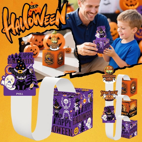 Halloween Money Pull Box for Cash Gifts - DIY Happy Halloween Surprise Gift Boxes with Pull Out Card &50Pcs Transparent Bags Set for Kids Adults Helloween Birthday Party Supplies Favors Decorations