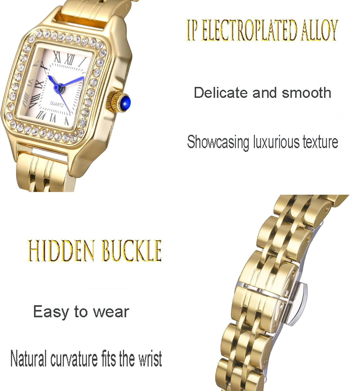 Gold Watches for Women Dainty Square Vintage Watches Luxury Ladies Diamond Accent Dress Stainless Steel Bracelet Watch Analog Quartz Waterproof Watch