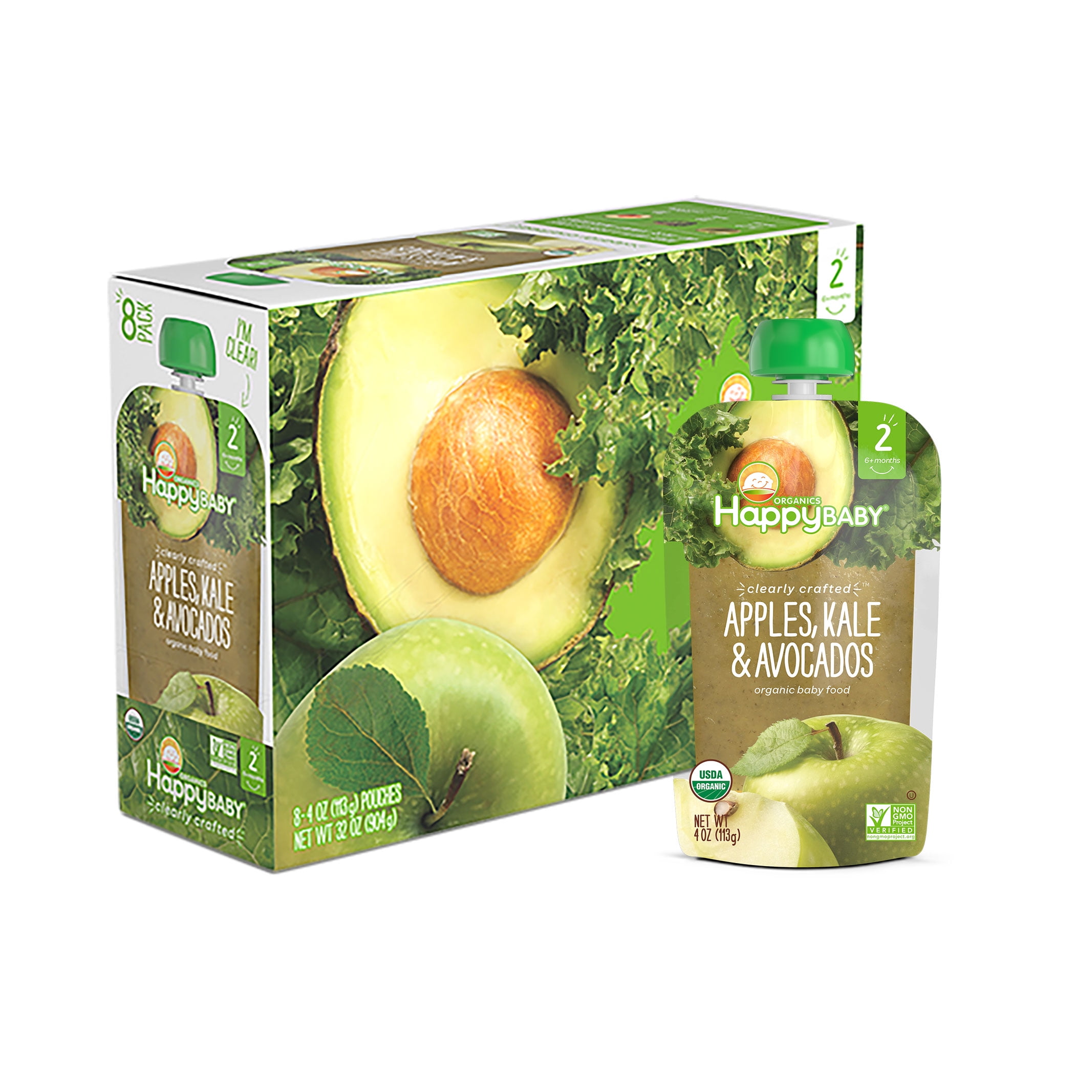 (8 Pack) Happy Baby Organics Baby Food, Apples, Kale & Avocados, 4 oz