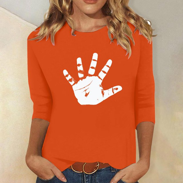 Heisall Women's Spring Autumn Tops 3/4 Sleeve Round Neck Casual Fashion Blouses Orange Festival Print Shirts