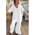 thumbnail image 2 of Women 2 Piece Linen Set Summer Casual Outfit Women Linen Long Sleeve Button Down Shirt and Wide Leg Pants Sets, 2 of 5