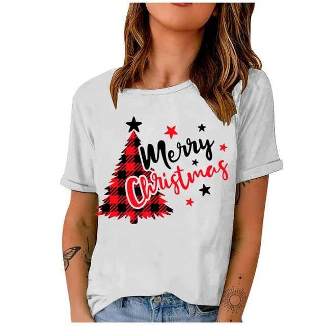 Mode Femme T-Shirt Uni de Noël à Col Rond à Manches Courtes Imprimé Blouse Ample Hauts