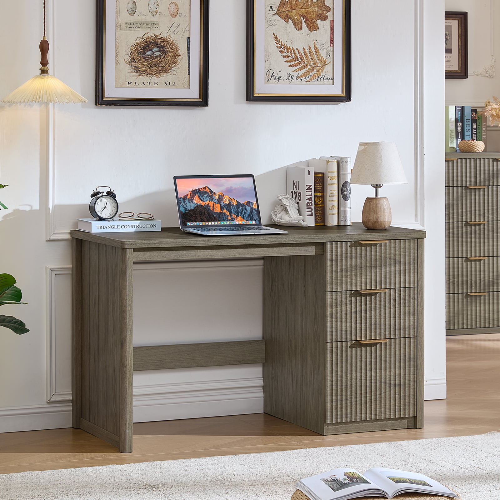 Leyaoyao 48" Fluted Computer Desk with 3 Drawers & Metal Handles, Modern Executive Desk, Writing Desk for Home Office Bedroom, Grey Oak