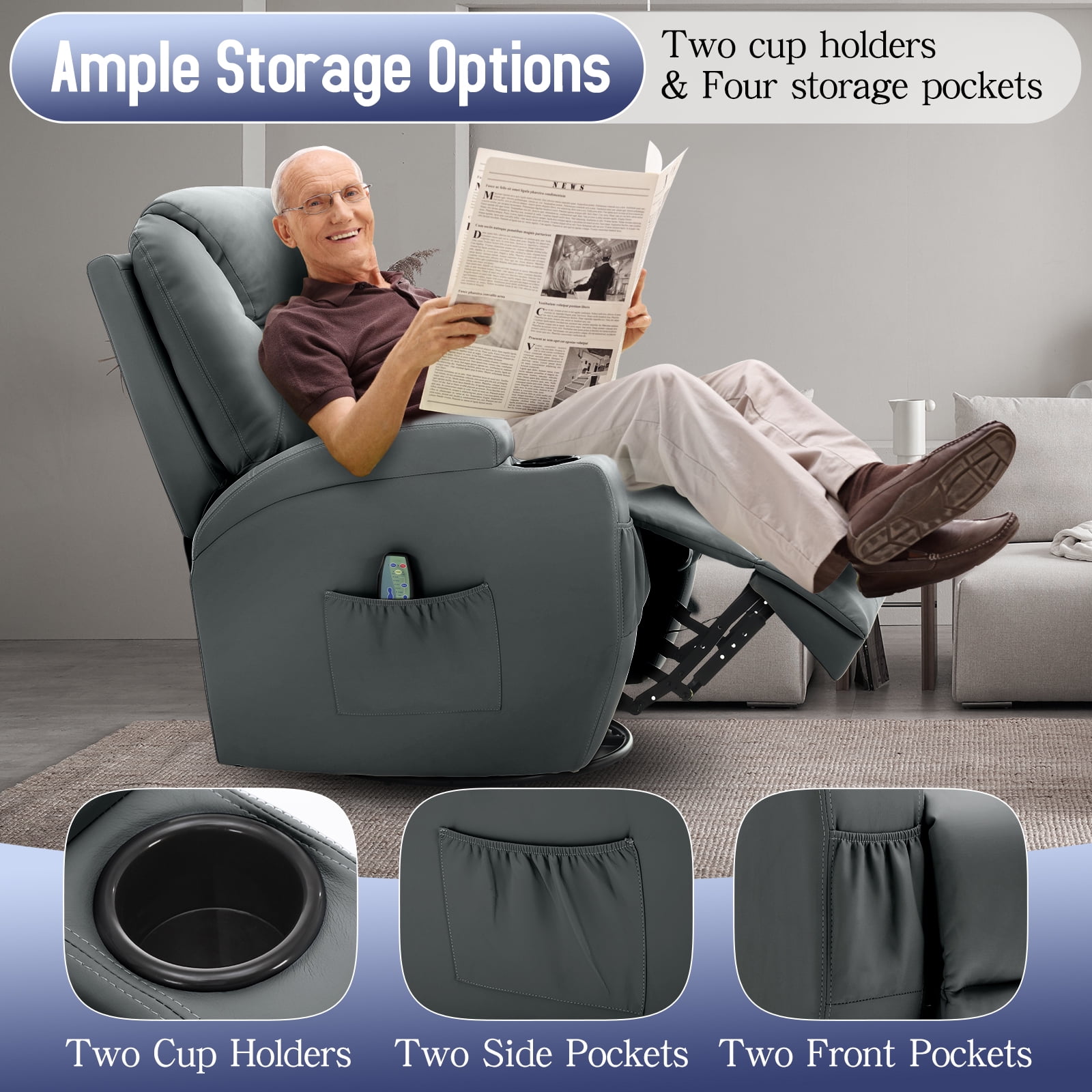 Korser Swivel Rocker Recliner Chair with Massage Faux Leather for Living Room,Grey