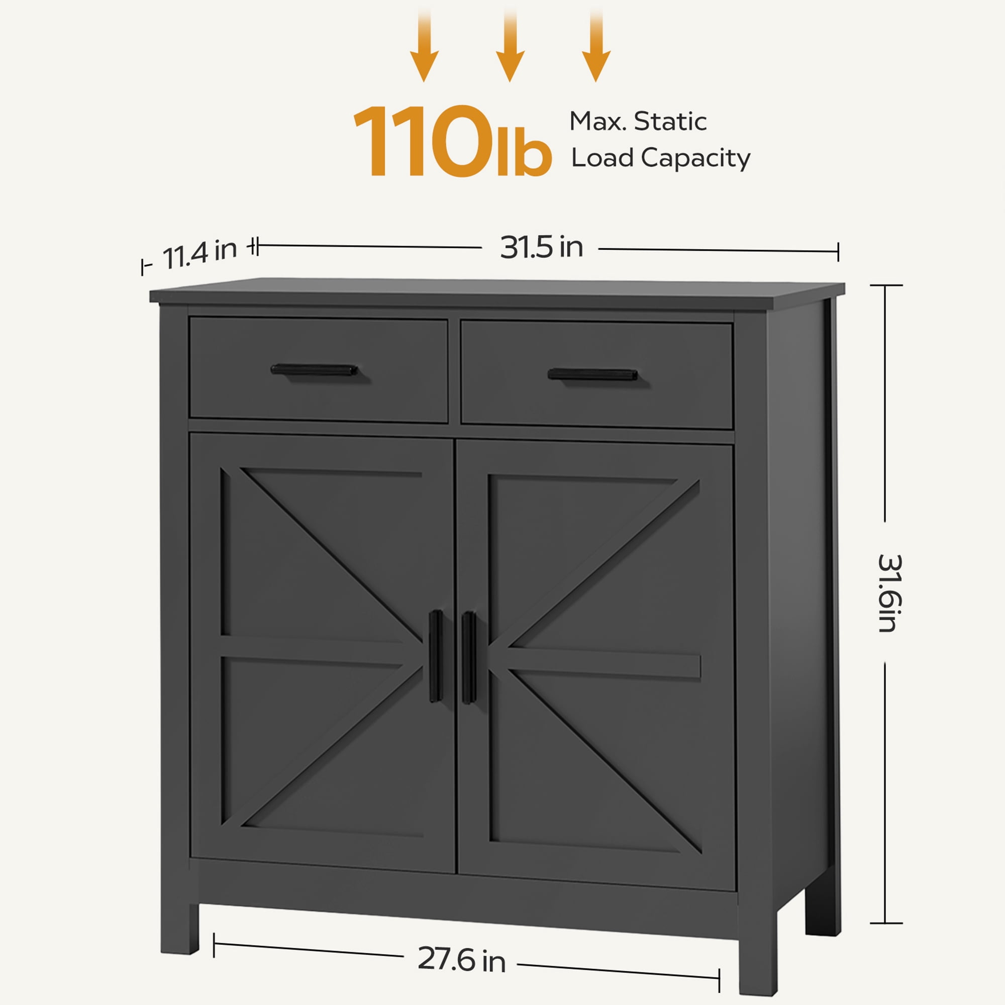 TrumanPick Modern Farmhouse Kitchen Storage Cabinet with 2 Shelves and 2 Doors, Black