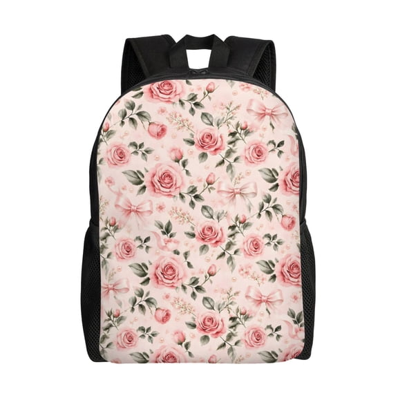 Pink Rose Bow Floral Backpack Full Front Print Travel Laptop Bag for Men and Women