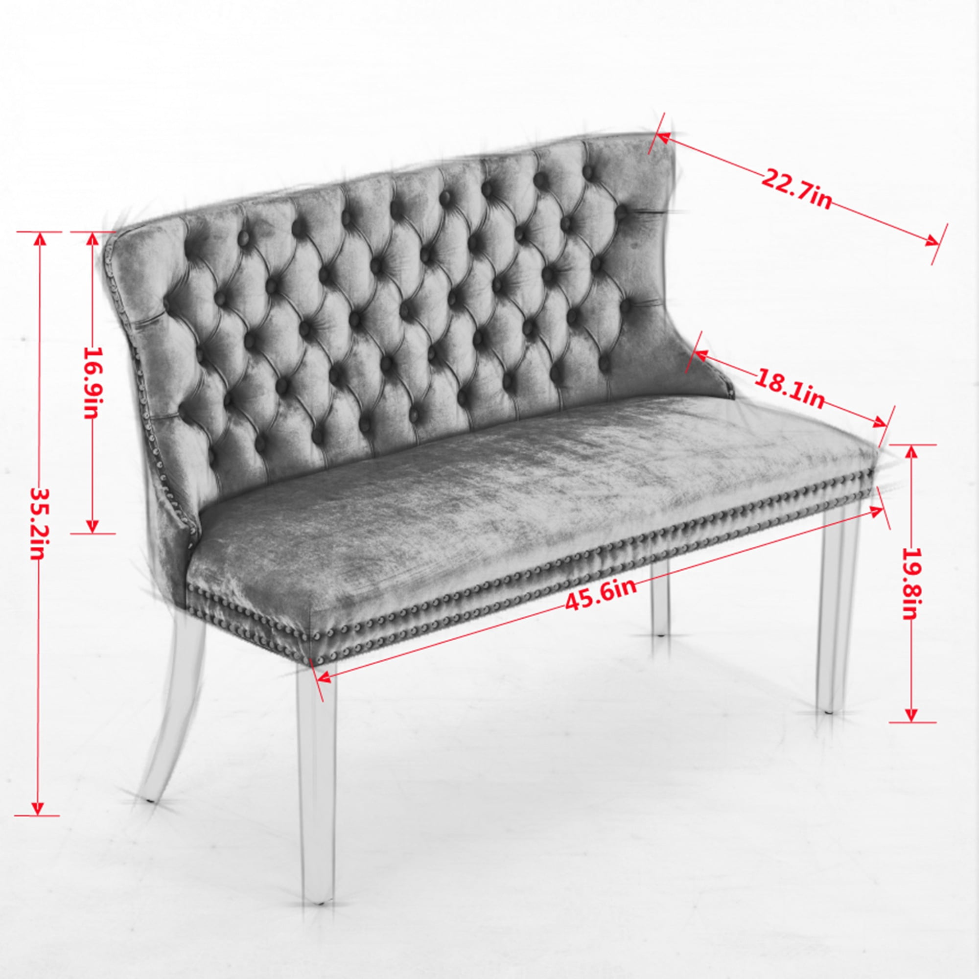 MAYEERTY Velvet Dining Loveseat Bench - 2-Seat, Tufted, Handmade Buttons, Wing Back, Brushed Silver Legs, Mid-Century Modern, Black, Single Pack
