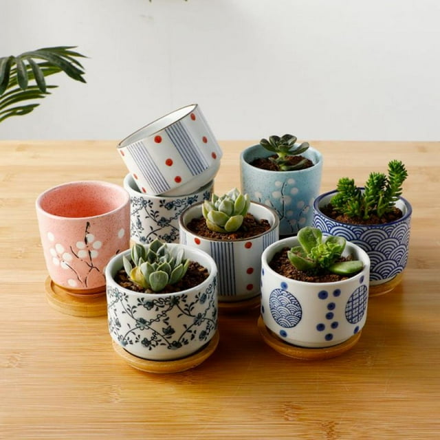 Succulent Pots 3 Inch Design for Succulent/Cactus Ceramic Succulent Cactus Planter Pots with Bamboo Tray(Plants NOT Included)