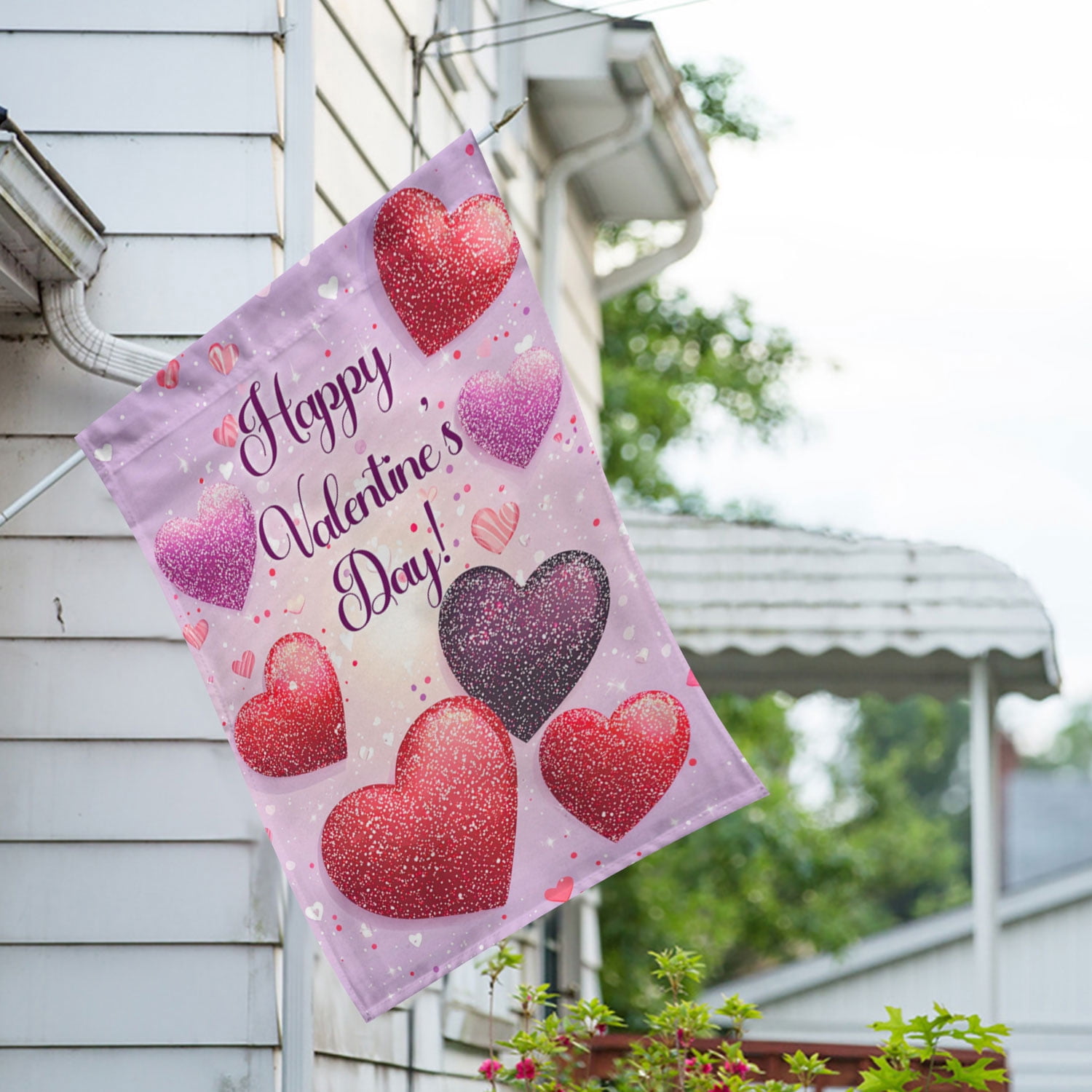 America Forever Happy Valentine's Day House Flag, 28 x 40 inch Double Sided, Glitter Hearts Red Pink Purple, Valentine's Day Seasonal Outdoor Decor, Love Hearts Flag