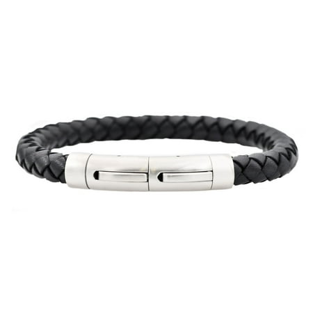 Arista Men's Extendable Bracelet in Black Leather & Solid Stainless Steel , 8.5"