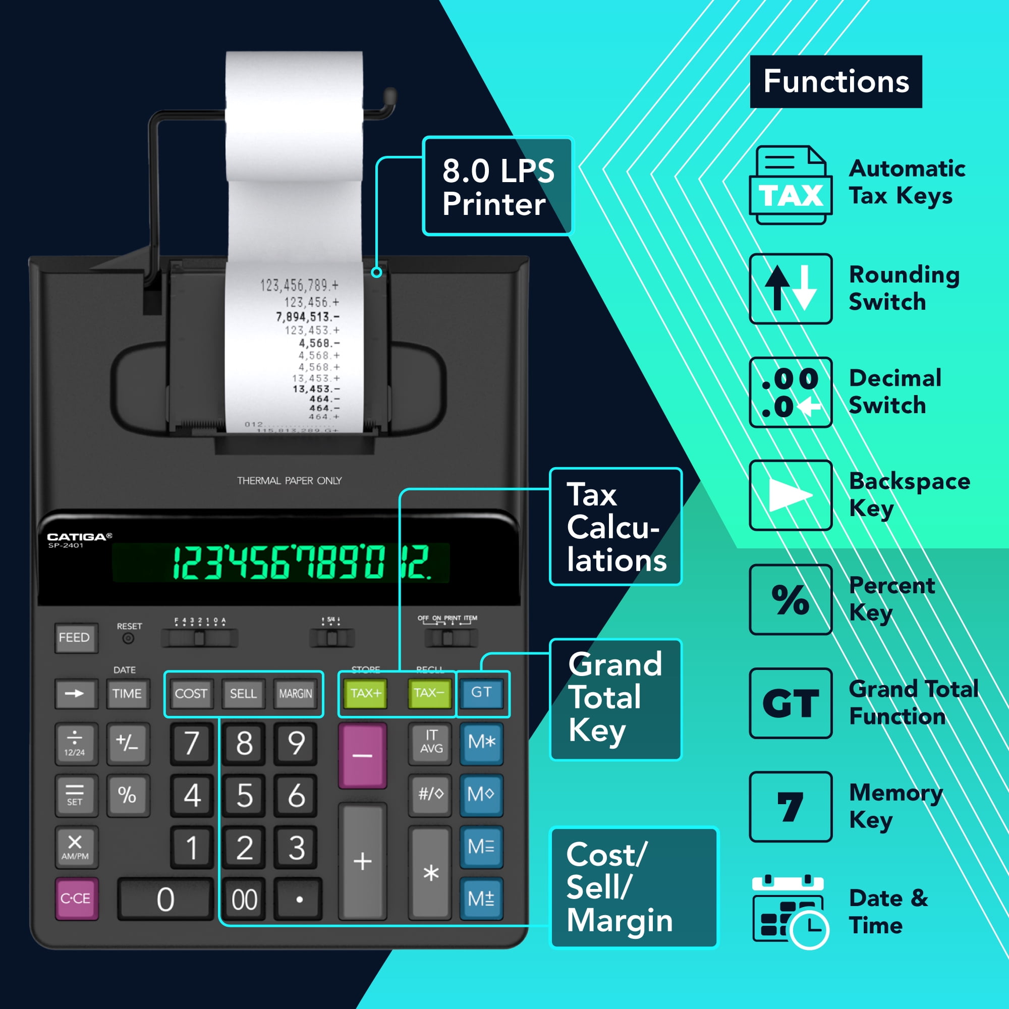 CATIGA 12 Digit Thermal Printing Calculator with Tape Print Out, Ink-Free Adding Machine, 3X Faster Quite at 8.0 LPS, Extra Large Fluorescent Display, Tax Calculation with Clock and Calendar, SP-2401