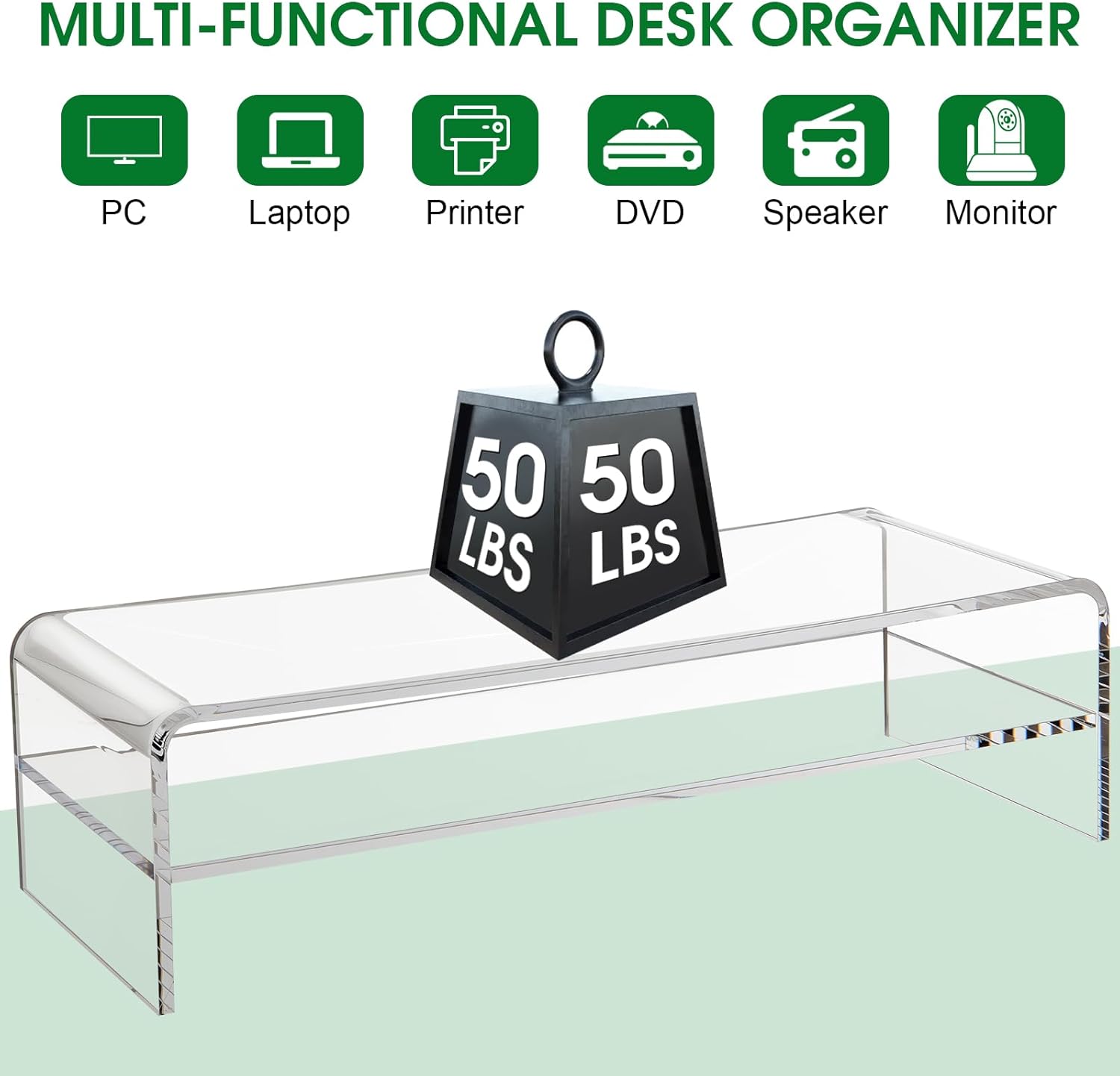 20in Large Acrylic Monitor Stand, 2-Tier Premium Large Laptop Stand, Acrylic Computer Monitor Riser for Home, Office, Business, Keyboard Storage, Multi-Media Laptop, Printer, TV