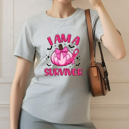 Letter T Shirt I Am A Survivor Pumpkin Ribbon Awareness Graphic TeeShort Sleeve Round Neck Gray S-3XL