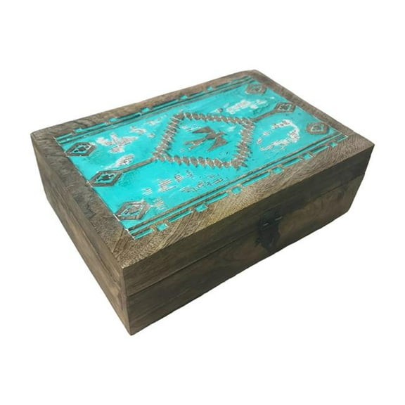 Metrotex Designs 12236 Thunderbird Life Rectangle Carved Box - White with Turquoise
