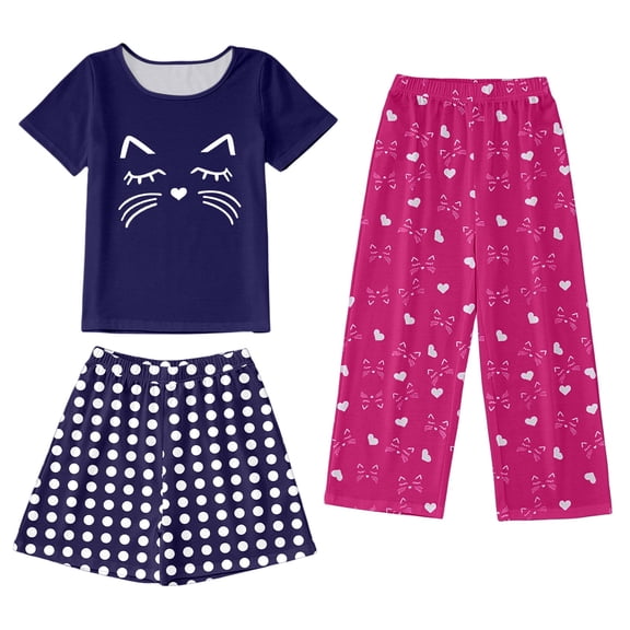 BOOMNY Child Girls Pajamas Sets 3 Peice Cat Graphic Short Sleeve Sleepwear Tops Pants Shorts Pjs Set for Kids Cozy Loungewear Homewear