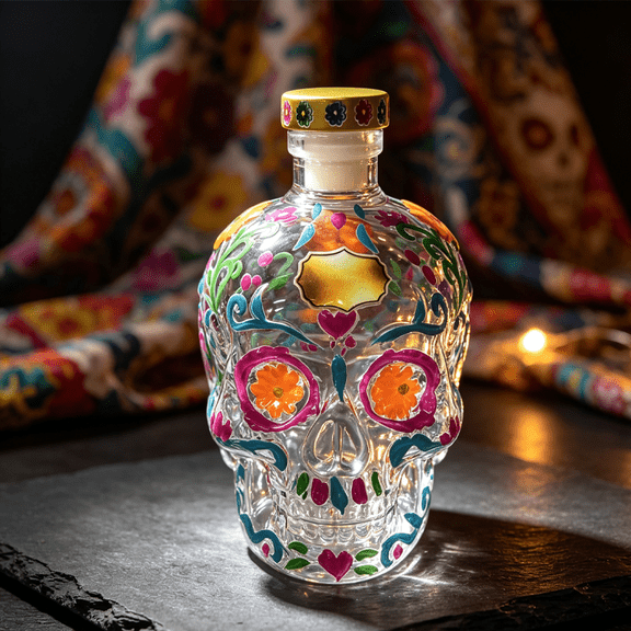 Hand Painted Sugar Skull Glass Decanter with Stopper, 18x15x12 cm Floral Whiskey Liquor Bottle, Day of the Dead Barware Decor