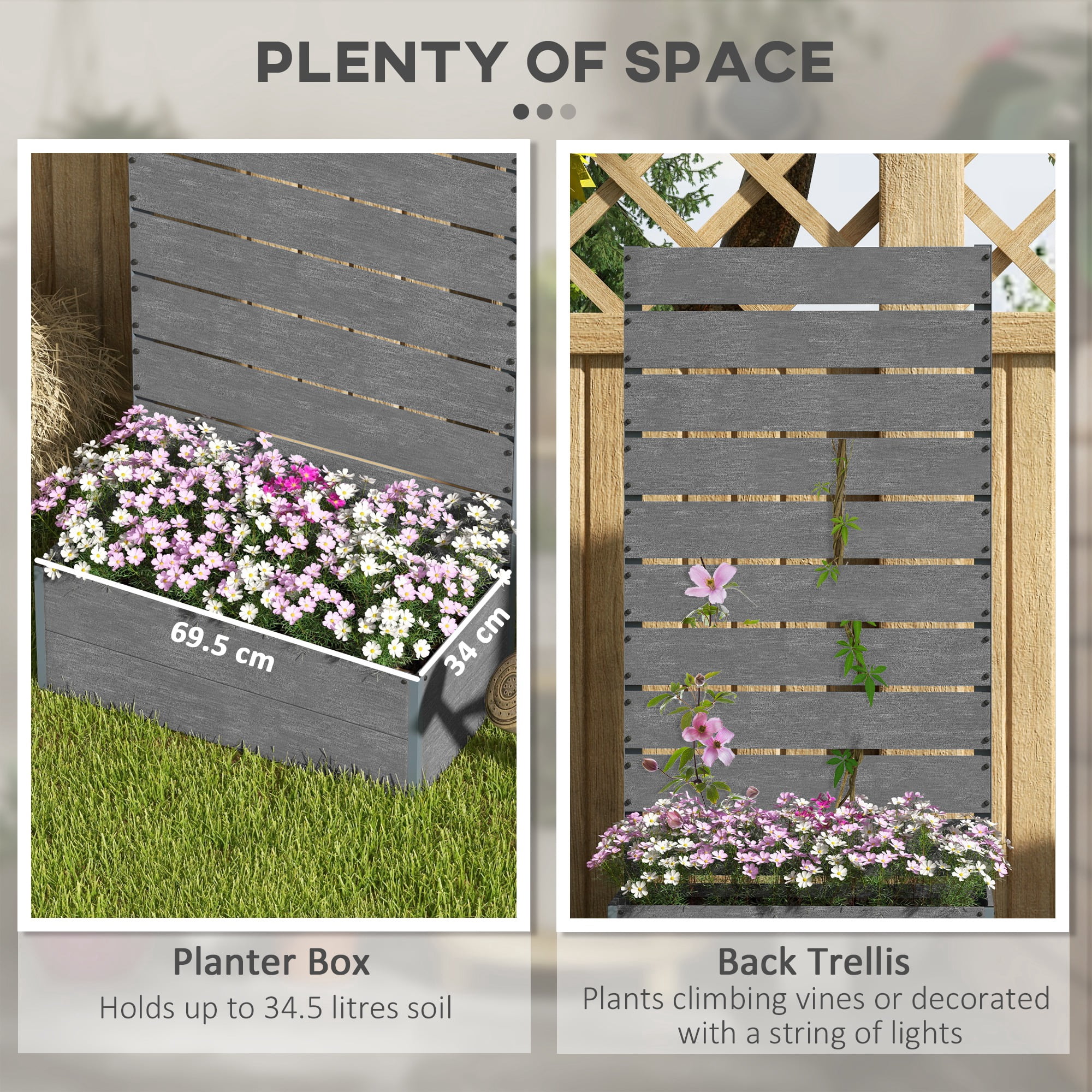 Raised Garden Bed with Trellis for Climbing Plants, Planter Box with Drainage Gap, Freestanding Trellis Planter for Outdoor, Patio, Deck, 28.25" x 15" x 59", Gray