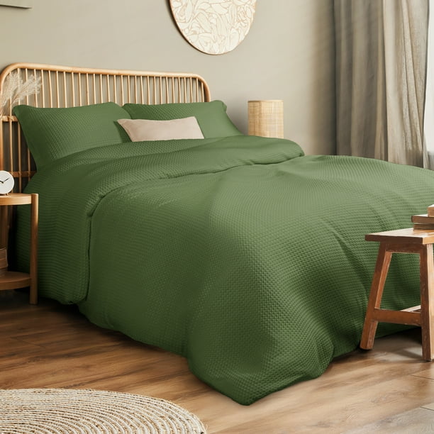 Dreamlab Funda de Edredón Tela Waffle. Funda para Duvet con Textura Suave y Transpirable, para Cualquier Temporada. Hipoalergénica. 2 Piezas, Tamaño Individual, Verde Seco