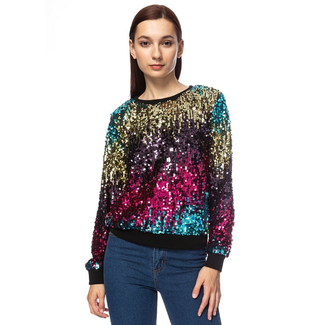 Women's Glitter Sequin Sweatshirt Long Sleeve Pullover Tops with Ribbed Cuffs