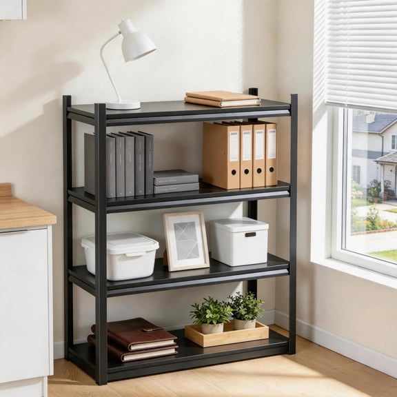 4 Tier Metal Bookshelf, Adjustable Tall Bookcase, 1200LBS Heavy Duty Deep Book Shelf, Industrial Black Wide Bookshelf, Modern Bolt-Free Book Shelves for Bedroom, Living Room, 31.5"W x12"D x 44"H