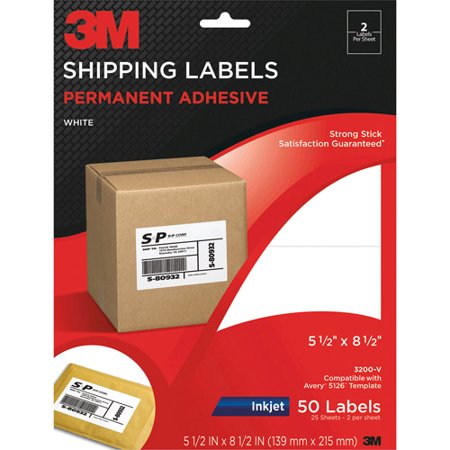 3M 3200-V Permanent Adhesive White Mailing Labels F/ Inkjet Printers- 5-1/2x8-1/2- 50/Pack