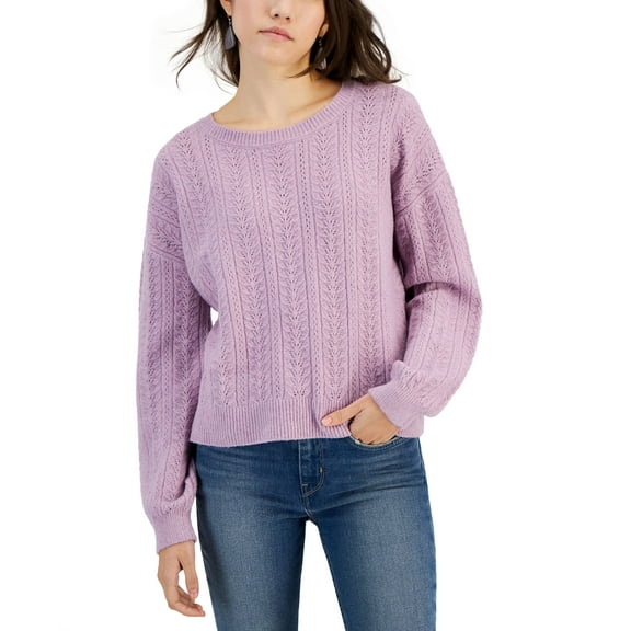 Juniors' Crewneck Pointelle-Knit Sweater Lilac Moon XL
