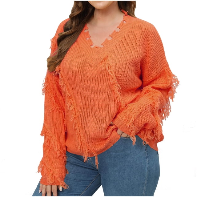 FAIWAD Chandail à Franges pour Femmes Grande Taille, Manches Longues, Col en V, Tricoté Tendance