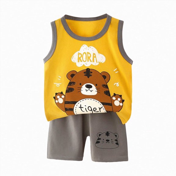 kaprioy Toddler Baby Boys Summer Outfits Baby Cartoon Print T-Shirt Tops Vest Shorts Suit 2Pcs Cute Baby BoysSummer Clothes For Baby Boys' Clothing Sets