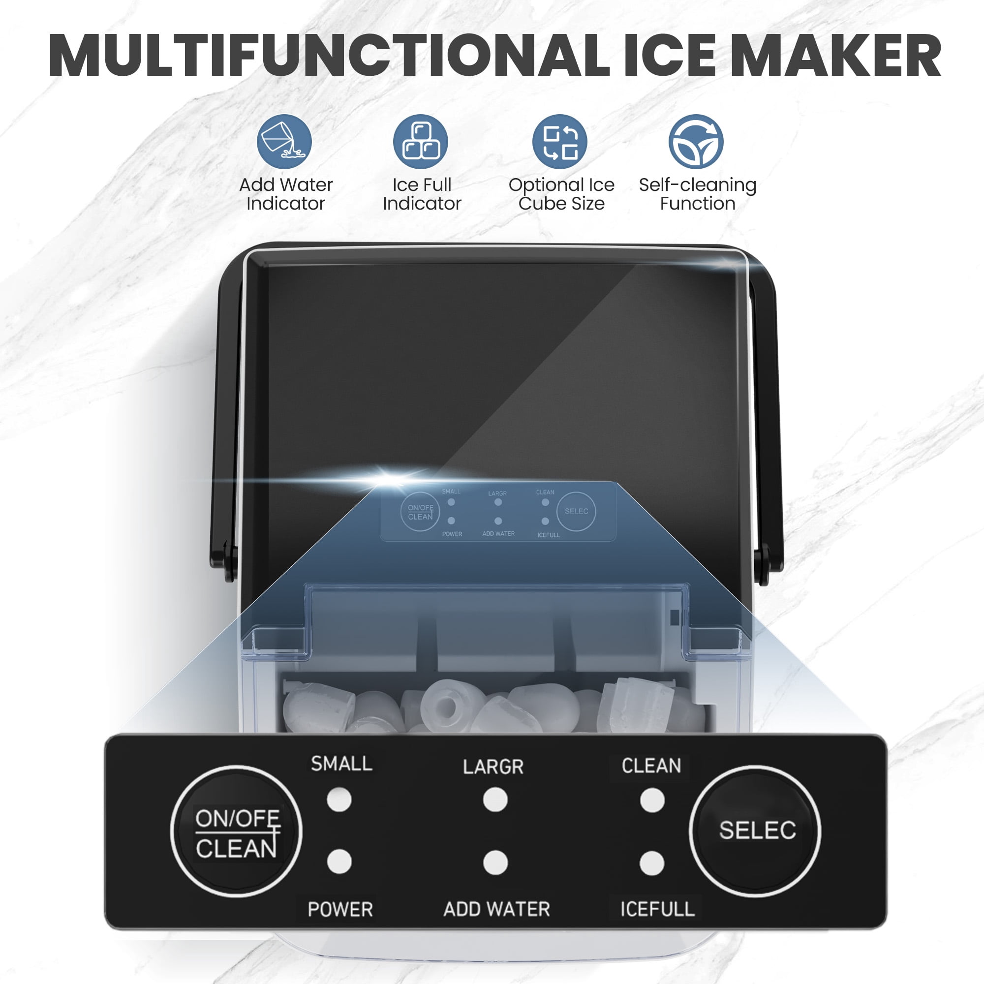 CONCETTA Portable Ice Maker Machine, 26.5 lb/Day Ice, Two Ice Sizes, Self-Cleaning Function, Bullet Ice Maker with Ice Scoop & Basket, Black