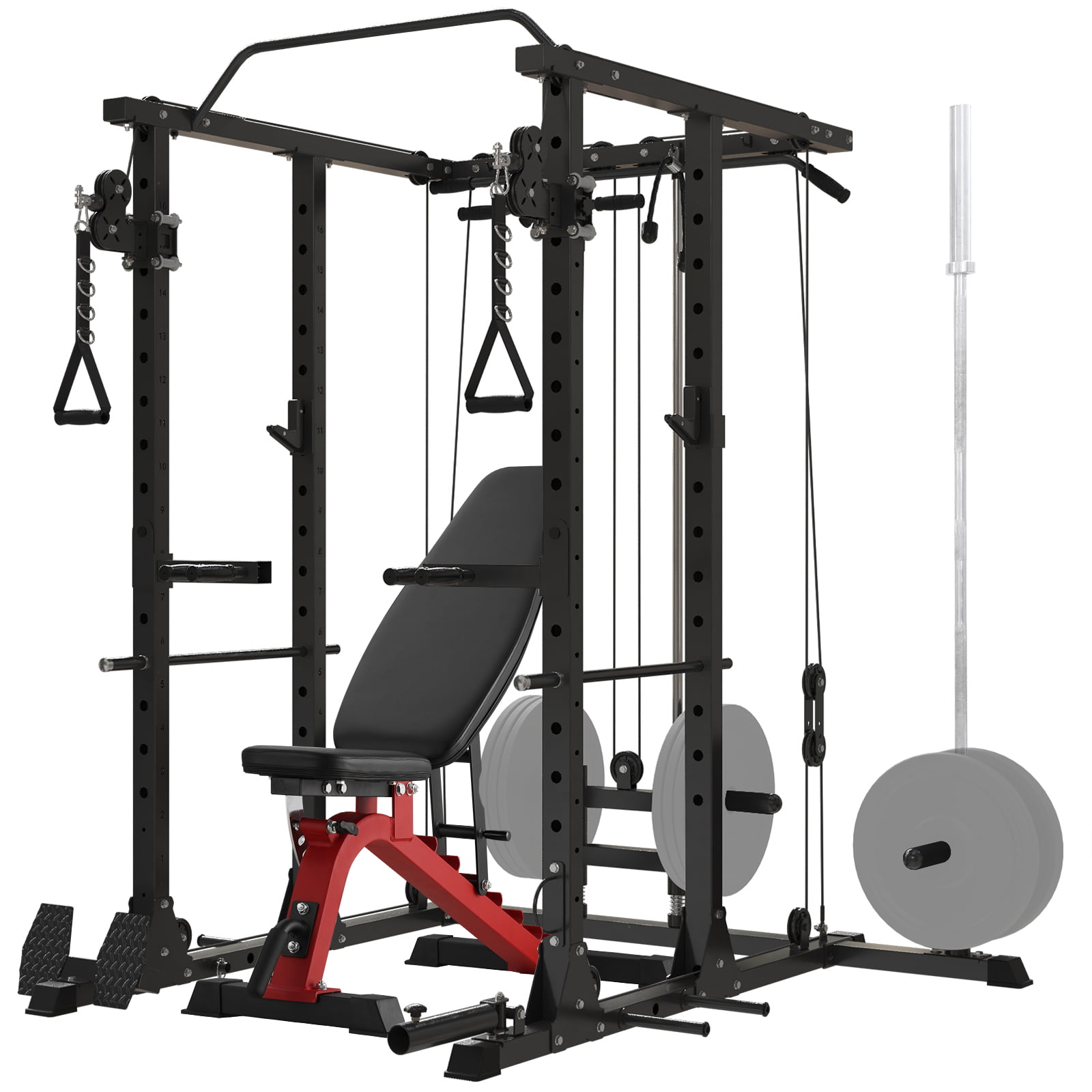 Mikolo Power Rack Cage, 1500LBS Weight Cage with 800LB Capacity Adjustable Weight Bench, Multi-Function Workout Rack Cage with Storage System, J-Hook, Band Peg, Battle Rope Ring Home Gym - 502218577
