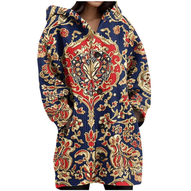 JGGSPWM Womens Printed Long Sleeve Chunky Cable Knit Fall Cardigans Sweaters Button Down Open Front Hooded Outerwear with Pockets Blue S