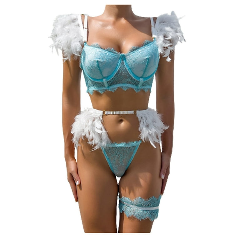 Hfyihgf Women's Floral Lace Lingerie Set with Garter Belts 4 Piece Sexy  Matching Sheer Chain Strappy Bra and Panty Sets(Light Blue,L) 
