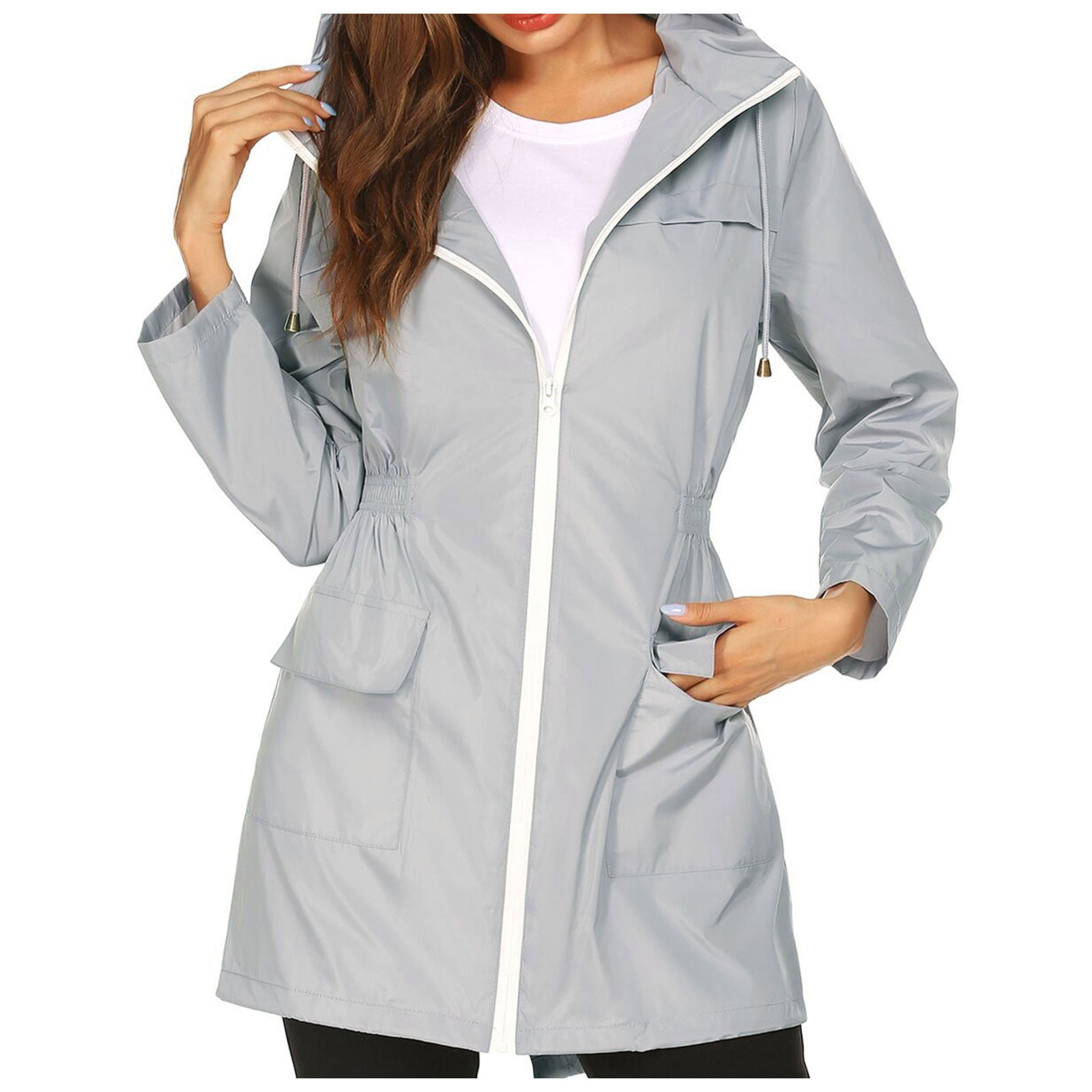 PMVFHDE Poncho de Pluie pour Femmes Mode Décontractée à Capuche avec Fermeture Éclair Manteau de Pluie Extérieur à Manches Longues Gris,m