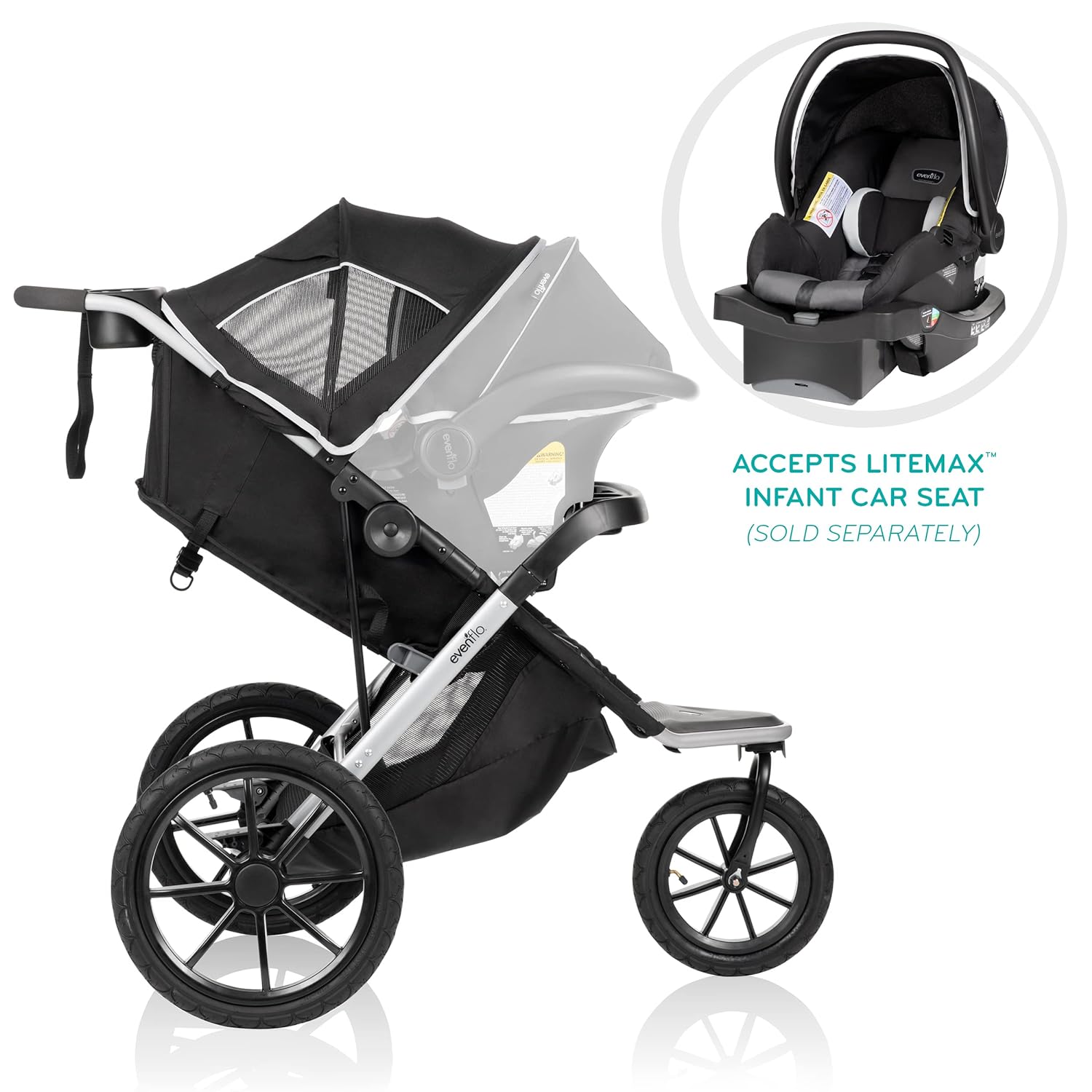 Evenflo Victory Plus Jogger Stroller, Compact, Lightweight, Self-Standing, Ample Storage, Large Tires, Swivel Wheel, Full Coverage Canopy, Multi-Reclining Seat, Compatible With LiteMax Infant Car Seat - image 5 of 11