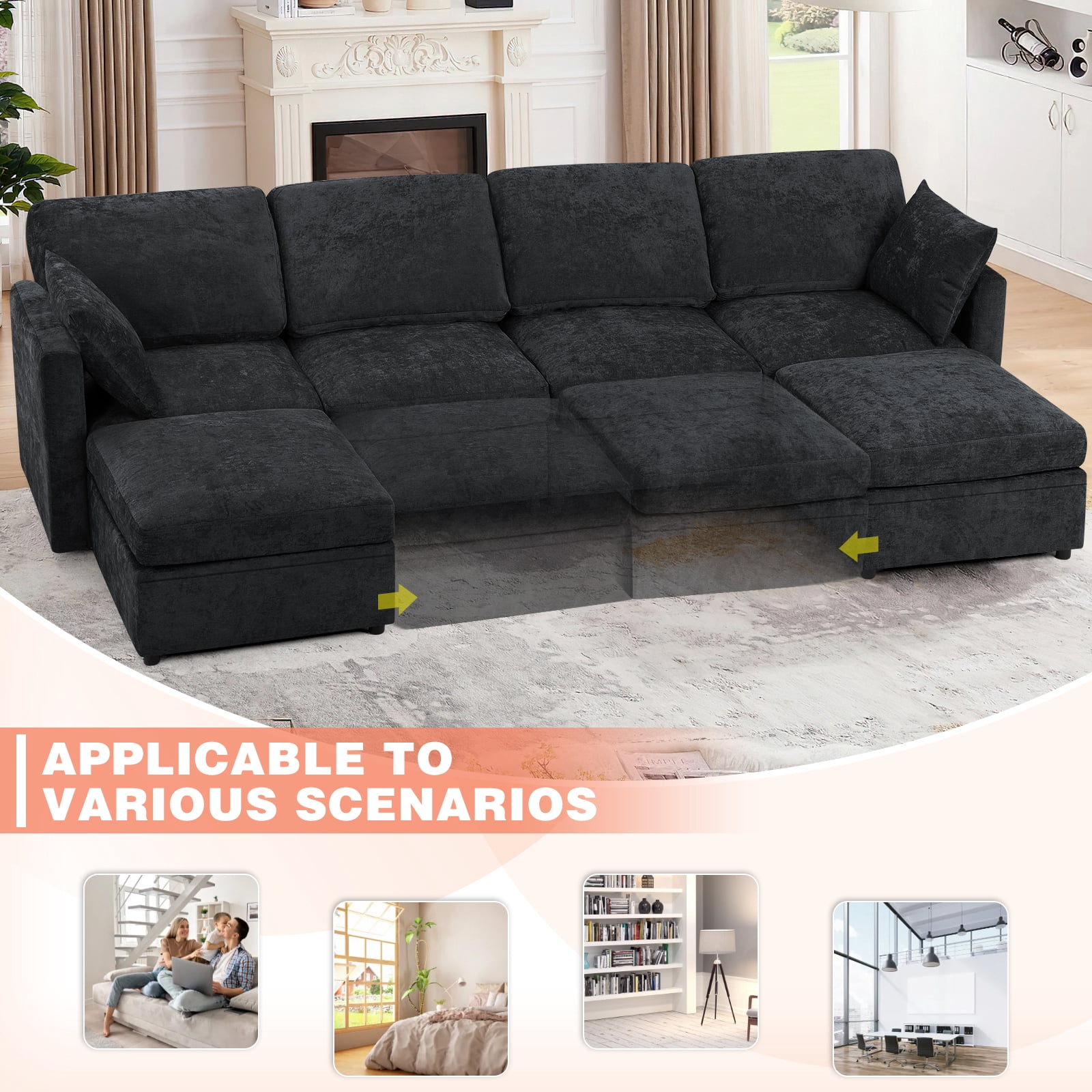 ACMEASE 110” Chenille 4 Seats Sofa W/2 Movable Ottoman, Modern Fabric U-Shaped Couch with Soft Backrest, Upholstered Sectional Sofa with Armrest Pillows for Living Room, Office, Black