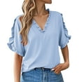 thumbnail image 2 of Blue Tshirts for Women 2025 Summer Simple Solid Color Short Sleeved Ruffled V Neck Blouse Blouse Going Out Tops for Women, 2 of 6