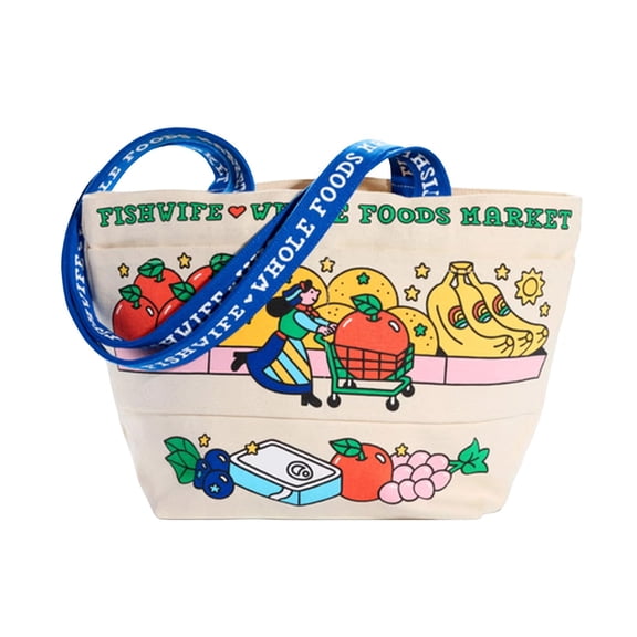2026 New Whole Foods Market Fishwife Tote Bags, Soft Organic Cotton Reusable Shoulder Handbag for Market Shopping Picnic Beach Daily Carry