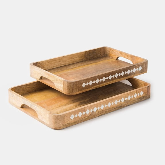 Mela Artisans Set of 2 Nadi Handcarved Mango Wood Tray with Round Corner