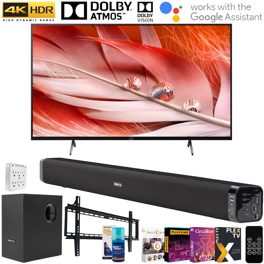 Sony XR50X90J 50" X90J 4K UHD Full Array LED Smart TV (2021) Bundle with Deco Gear Soundbar with Subwoofer, Wall Mount, 6-Outlet Surge Adapter, Screen Cleaner and TV Essentials 2020