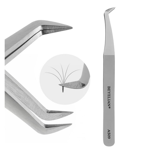 Pinzas de Pestañas de Volumen Pinzas de Pestañas Beyelian para Extensiones de Pestañas Punta Curva L de Alta Precisión para Mega Fans Acero Inoxidable AS09 Plata.