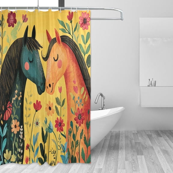 Horses in Love Florals Valentine Shower Curtains with 12 Hooks Waterproof Bathroom Decor 66" x 72"