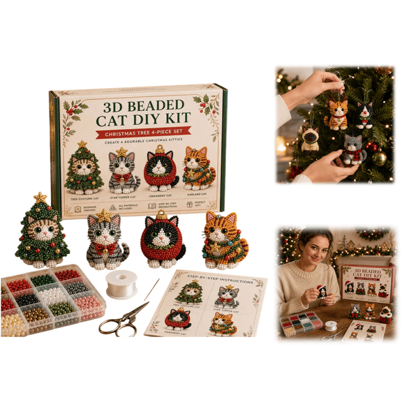 Create Your Own 3D Beaded Christmas Cats, 4-Piece Holiday Animal Bead Art Set with Seed Beads, String, Needle & Instructions, Beginner-Friendly Christmas DIY Kit