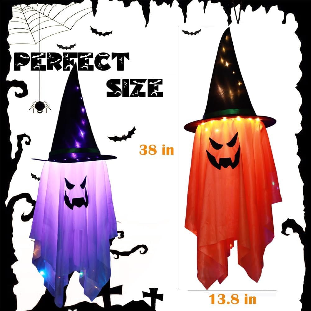 Décoration Halloween Extérieur - 2 Fantômes 1m Avec Chapeau Sorcière Et Guirlande LED Pour Maison, Jardin