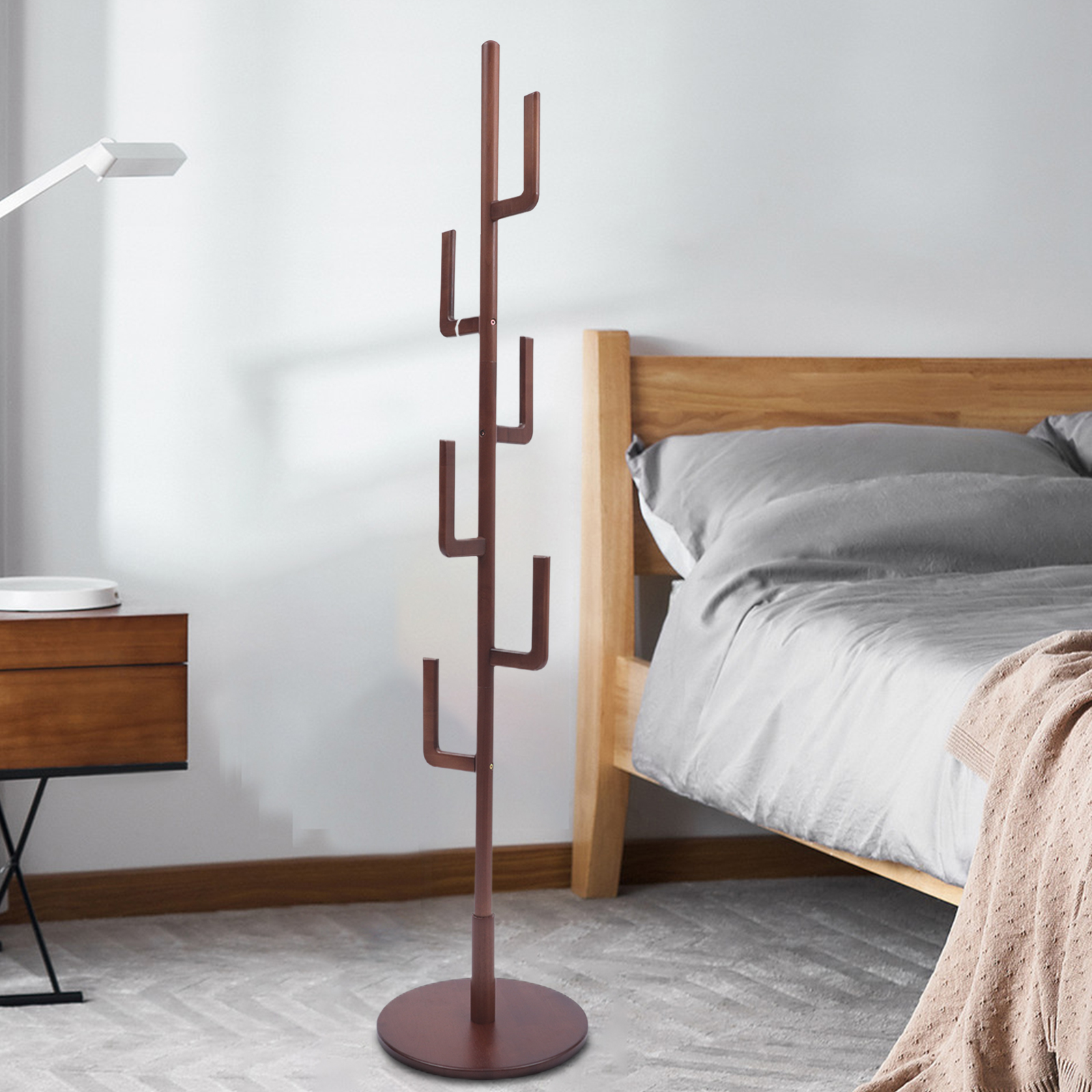 Miumaeov Rustic Coat Stand Solid Wood Floor Standing Rack with 6 Hooks