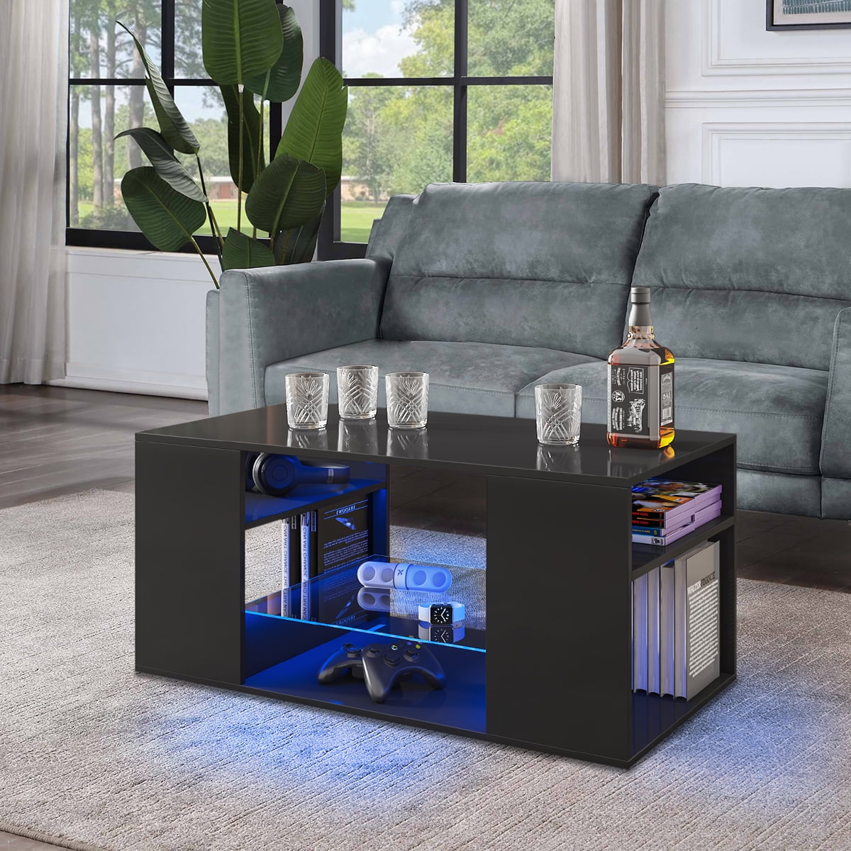 LED Coffee Tables Cocktail Table with Open Storage Shelf High Gloss